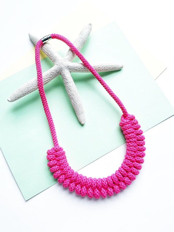 Fuchsia Knotted statement necklace, Sustainable boho necklace, bib collar jewellery, Navy necklace, Bridesmaid gift for her,Maya Necklace