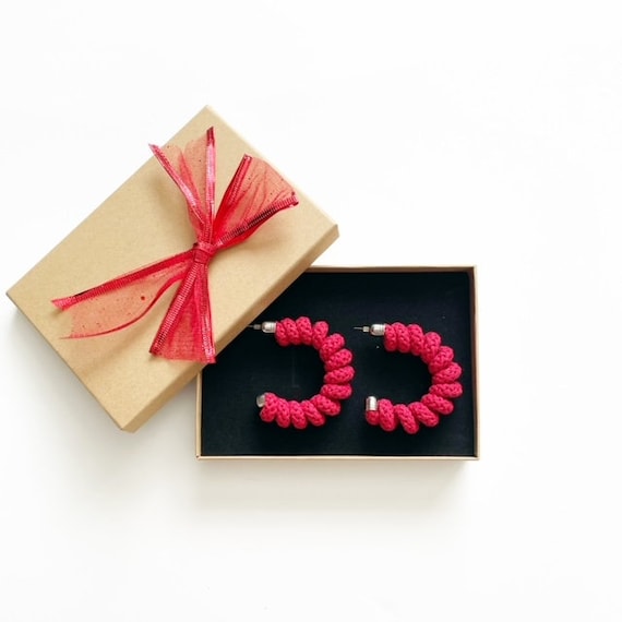 Colourful Statement Hoops made with wired Cotton, Rainbow Colour Options, Large Statement Hoops, Spring shaped colorful Cotton Earrings