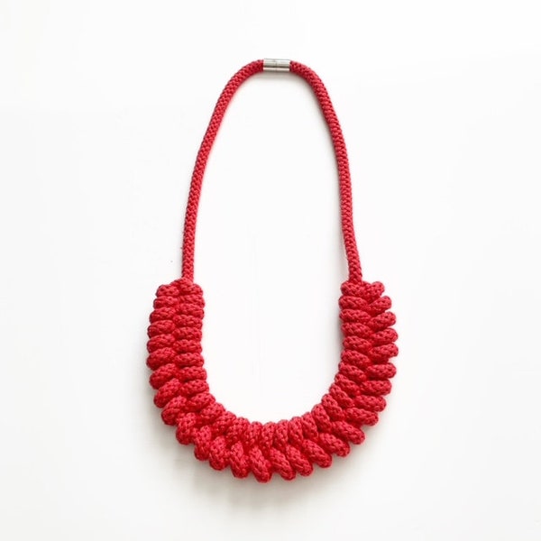 Red Knotted Statement Cotton Necklace - Boho Style Jewelry w/ Super Soft Organic Cotton in Various Colors | Christmas Accessory Gift Ideas
