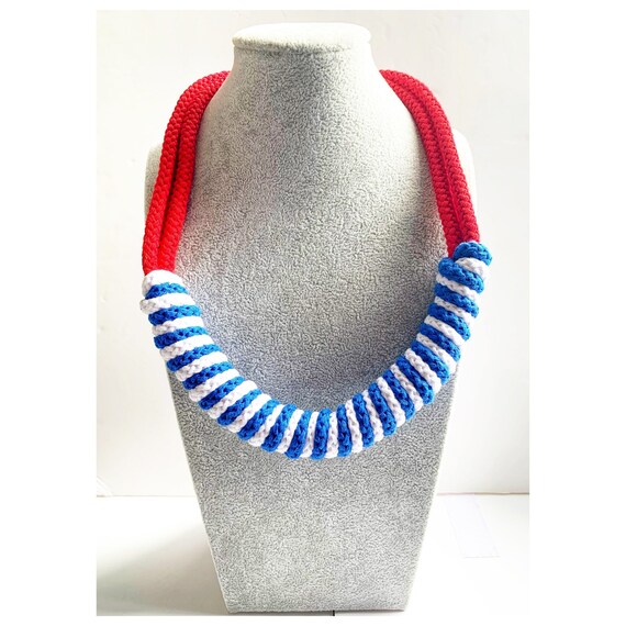 Blue Nautical Knotted Rope Knot Statement Necklace Chunky Statement Handmade Jewelry Cotton Rope Collar Ecological Large Color Choices