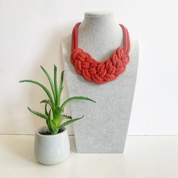 Color Block Knotted Cotton Rope Statement Necklace, Chunky Statement Handmade Jewelry, Cotton Rope Collar Ecological gift for girlfriends