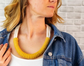 Mustard Crochet Necklace • Chunky Statement Handmade Jewelry • Cotton Rope Collar Ecological Large Color Choices • Gifts for New Mums in UK