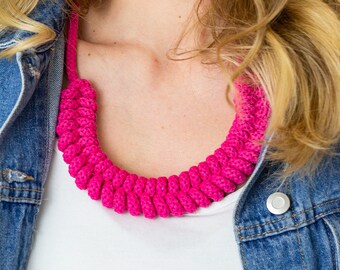 Fuchsia Knotted statement necklace, Boho gift for an nature lover friend, Necklace made with organic cotton, Super soft and lightweight gift