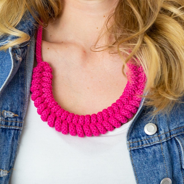 Fuchsia Knotted statement necklace, Boho gift for an nature lover friend, Necklace made with organic cotton, Super soft and lightweight gift