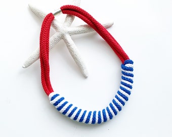 Breton Charm: Handcrafted Nautical Knot Necklace for Women | Striped Cotton Rope Collar | Maritime-Inspired Jewelry | Cotton Rope Collar