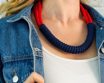 Navy Crochet Necklace | Chunky Statement Handmade Jewelry | Cotton Rope Collar | Ecological Large Color Choices | Gift for her | Necklaces