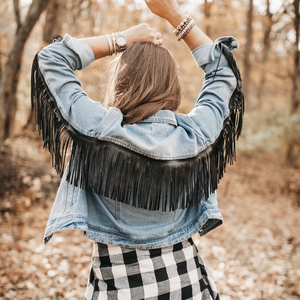 Leather Fringe Denim Jacket