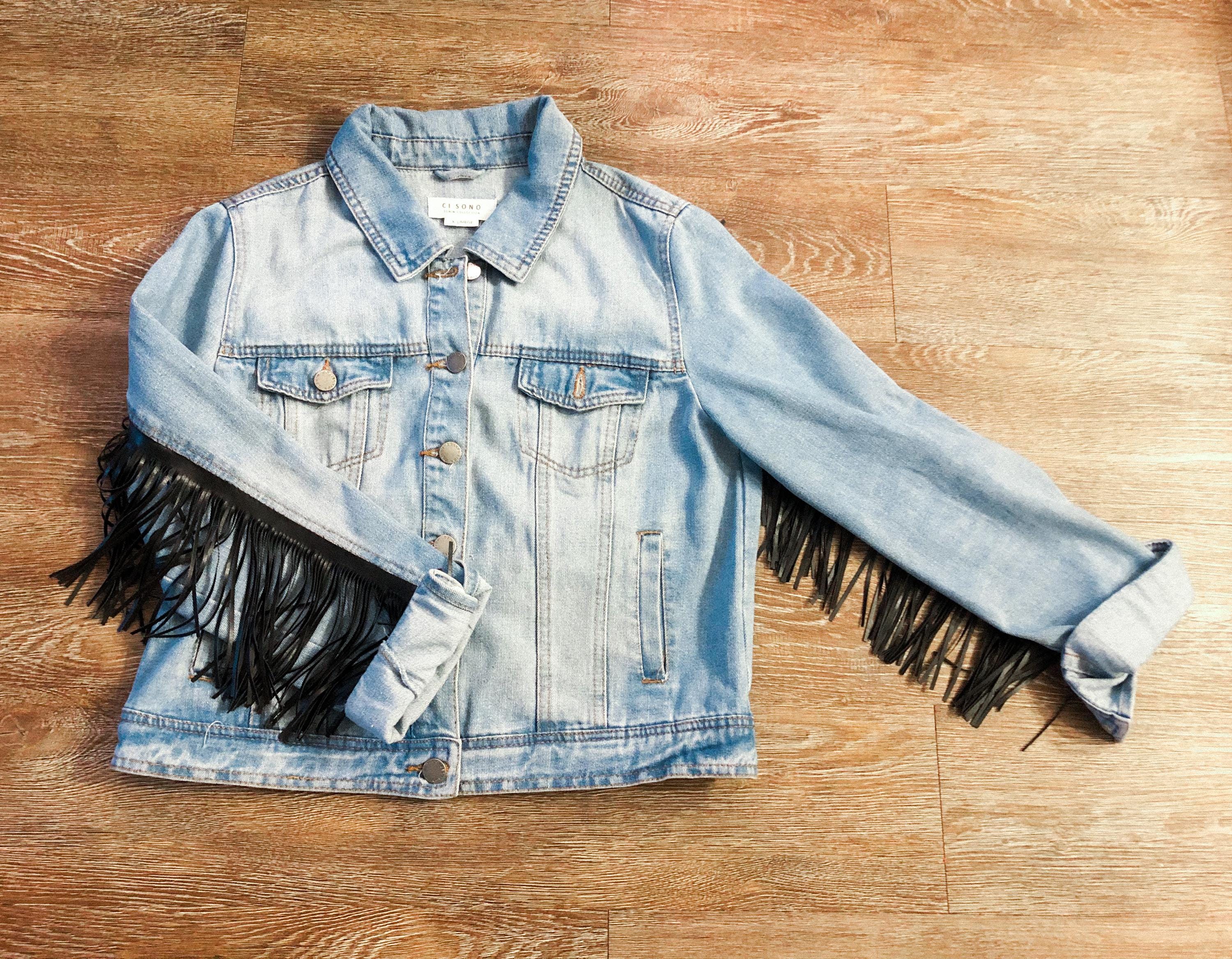 Leather Fringe Denim Jacket - Etsy Leather Fringe Denim Jacket - Etsy
