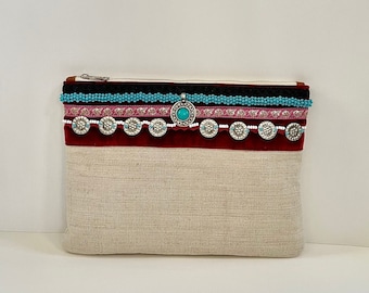 Beige color linen Bohemian clutch /Beige Natural linen Designer Clutch | Torques  & white color Beaded Clutch | Handcrafted in Turkey