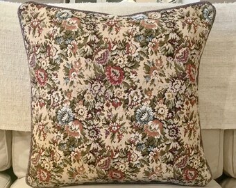 Jacobean Floral Cushion Cover | 18x18 Tapestry Pillow | Purple Chenille Back & Piping | Vintage Boho Decor | Handmade
