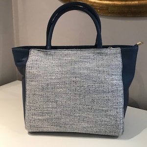 Sac fourre-tout en cuir bleu azur - Porte-monnaie structuré fait main avec tissu en coton - Cadeau pour la fête des Mères - Sac à main élégant de tous les jours