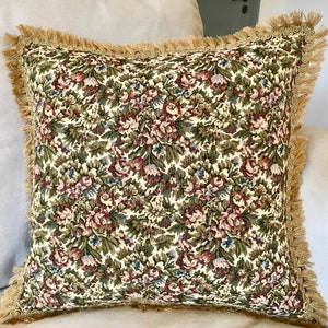 Jacobean Tapestry Pillow Cover | 18x18 Red Rose Cushion | Cream Linen Back | Golden Fringe | Vintage Boho Home Decor | Handmade
