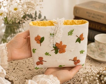 Hand Embroidered Linen Pouch, Floral Cosmetic Bag, Lace Tie Organizer, Makeup Bag, Travel Pouch, Polka Dot Lining