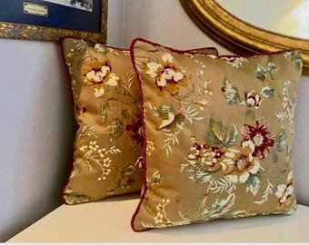 Luxury Olive Green Embroidered Satin Pillow with Burgundy Cord | 18&quot;x18&quot; Decorative Cushion | Elegant Home Décor