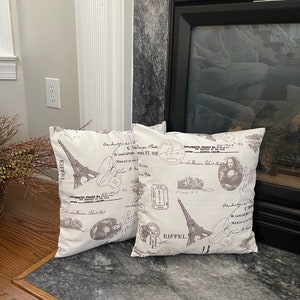 Paris Eiffel Tower Pillow Cover | Brown French Stamp Cushion | Farmhouse Decor | Handmade Gift for Paris Lovers | 100% Cotton