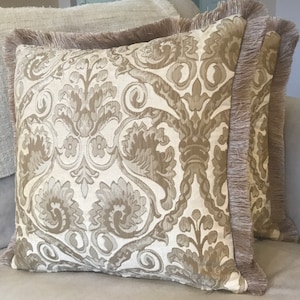 Luxury Beige Damask Pillow Cover 18x18 | Sateen Cushion with Fringe | Elegant Throw Pillow | Handmade Home Decor | Free Shipping UK