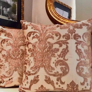 Gold Yellow & Mauve Damask Pillow Cover – Handmade Luxury Cushion with Velvet Back and Zipper – 20x20 or 14x24 Inch Sizes