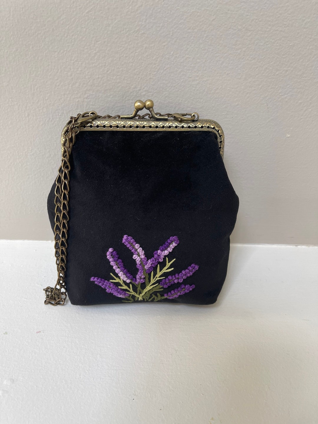 Vintage Style Embroidered Velvet Bag in Black Retro Velvet Etsy