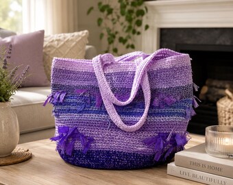 Handmade Crochet Tote Bag | Purple Upcycled Silk & Chiffon Yarn | Boho Shoulder Bag