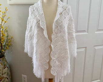 Handmade Crochet Wedding Shawl | Baby Cotton Lace Bridal Wrap with Fringe