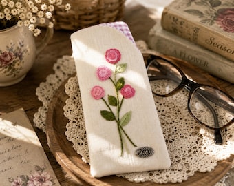 Hand-Embroidered Floral Linen Eyeglass Case, Sunglasses Pouch, Ribbon Embroidery Glasses Sleeve, Handmade Gift