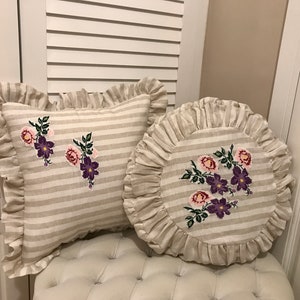 Romantic Striped Linen Pillow Cover with Ruffles & Cross Stitch | Shabby Chic Throw Pillow | Farmhouse Cushion | Handmade Decor