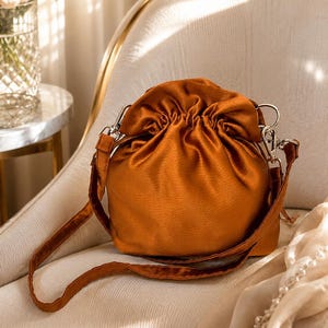 Copper Satin Potli Bag with Detachable Strap | Handmade Drawstring Crossbody Purse | Wedding, Party and Evening Bag