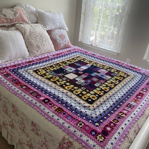 Handmade Afghan Crochet Blanket – Queen Size Granny Square Throw | Boho Bedspread | Colorful Cozy Gift | One of a Kind Blanket