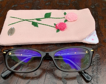 Hand-Embroidered Floral Linen Eyeglass Case | Sunglasses Pouch