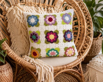 Grandma Square Crochet Kissenbezug, Bunter afghanischer Stil, handgemachtes Boho Kissen
