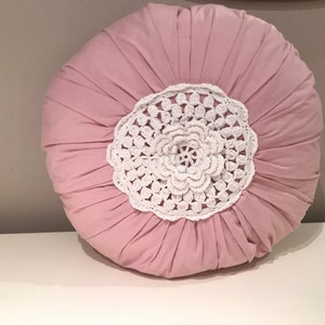 Handmade Pink Cotton Pillow with Crochet | Shabby Chic Cushion | Farmhouse Decor | Filled Throw Pillow | Romantic Home Accent