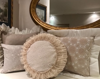 Handmade Linen Round Pillow with Cream Lace – Shabby Chic Decorative Cushion
