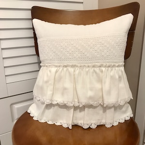 White Linen Pillow Cover with Ruffles and Handmade Lace – 16x16 Shabby Chic Cushion – Farmhouse Romantic Throw Pillowcase - French Country