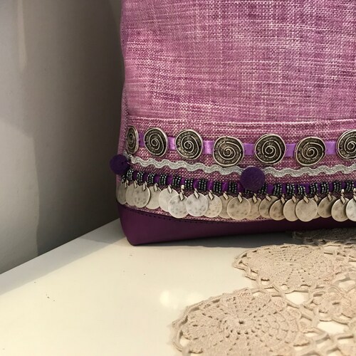 Luxury Bohemian Purple Leather/Violet Purple Cotton Fabric Shoulder Handbag with Silver Swirls & Cute Tiny Pompoms | shops Handcrafted in Turkey
