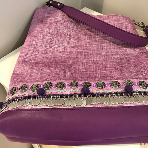 Luxury Bohemian Purple Leather/Violet Purple Cotton Fabric Shoulder Handbag with Silver Swirls & Cute Tiny Pompoms | shops Handcrafted in Turkey