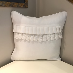 Romantic White Linen Pillow Cover with Ruffles & Handmade Lace | 16x16 | Shabby Chic, Farmhouse, Cottagecore Bedroom Decor
