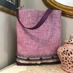 Luxury Bohemian  Shoulder Handbag with Purple Leather and Violet Chenille Fabric, Silver Swirls & Cute Tiny Pompoms | Mother&#39;s Day Gift