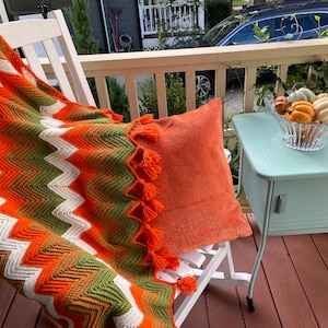 Crochet Chevron Blanket | Ripple Throw with Tassels | Cozy Wool Acrylic Bedspread | Handmade Sofa Blanket | Ready to Ship Gift