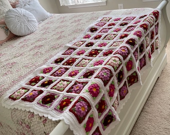 Floral Granny Square Crochet Blanket - Handmade Afghan Throw