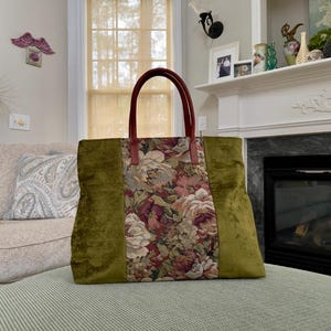 Large Handmade Patchwork Tote Bag with Leather Straps, Chenille Jacobean Tapestry Bag