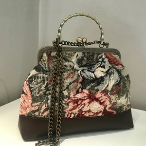 Bolso de mano tapiz – Monedero vintage jacobino con cierre de beso – Bolso de noche de cuero y tela – Bolso de mano de hombro hecho a mano en Turquía