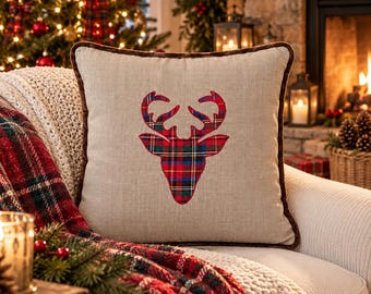 Funda de almohada navideña de reno hecha a mano / Cojín rústico de estilo granja para las fiestas / Decoración invernal acogedora de 50 x 50 cm / Regalo para el hogar