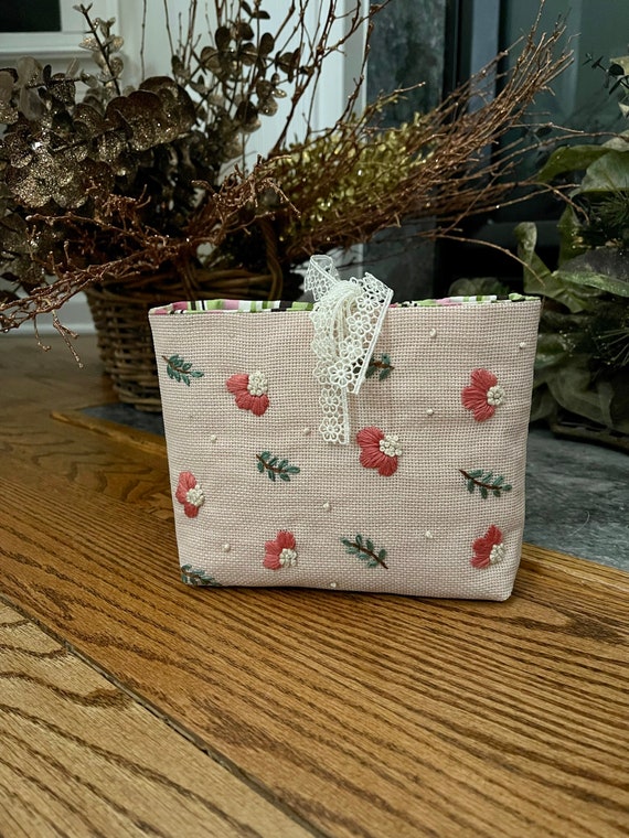 Pink Linen Makeup Bag With Hand Embroidery, Handmade Cosmetic