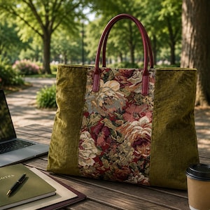 Pode incluir: Uma grande bolsa tote verde-oliva com um painel central de tapeçaria floral e alças bordô está em uma mesa de madeira. Um laptop, um caderno, uma caneta e uma xícara de café também estão na mesa. O fundo é um parque com árvores e vegetação.