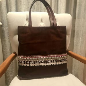 Boho Brown Suede & Leather Tote Bag with Silver Beadwork | Handmade Shoulder Bag | Mother’s Day Gift | Rustic Bohemian Purse