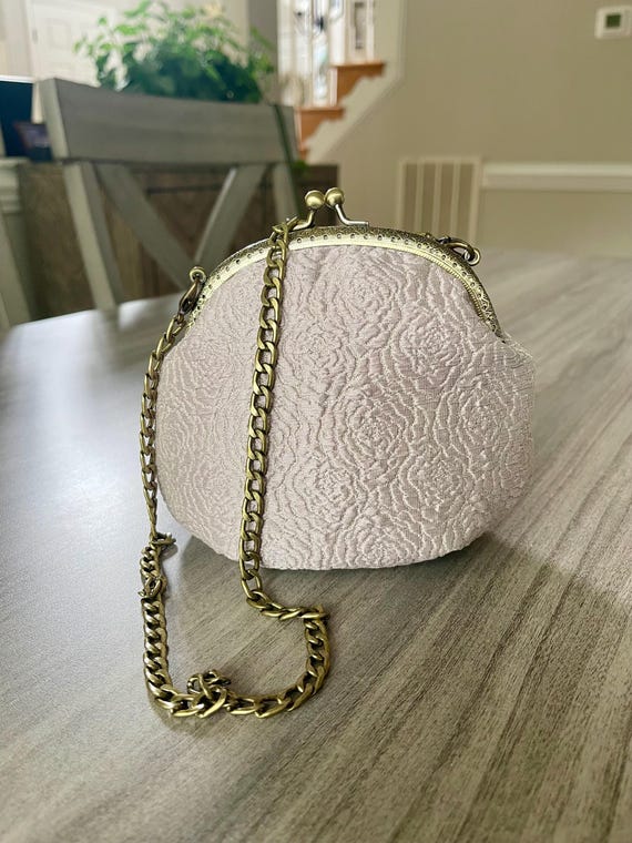 Lilac Rose Satin Clutch, Kiss Lock Evening Bag, Handmade Party