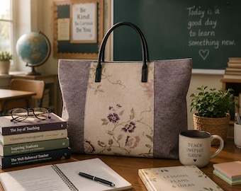 Handmade Purple Chenille Tote Bag – Floral Brocade & Black Leather Straps | Large Work  Artisan Purse