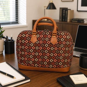 Handmade Tan Leather Satchel Bag, Moroccan Jacquard Top Handle Purse, Structured Artisan Handbag