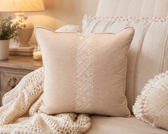 Beige Gingham Pillow Cover with White Lace | Farmhouse Cottagecore Pillow