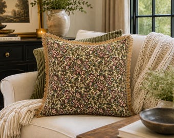 Handmade Jacobean Garden Tapestry Pillow Cover 18x18 | Red Rose Floral Cushion | Cream Linen Back with Fringe Trim